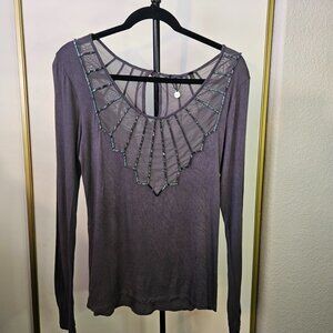 BKE Buckle Grey Top with Beaded Front and Back Size Large